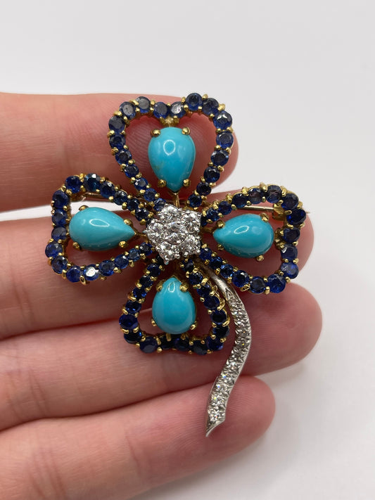18ct gold turquoise, sapphire and diamond clover brooch