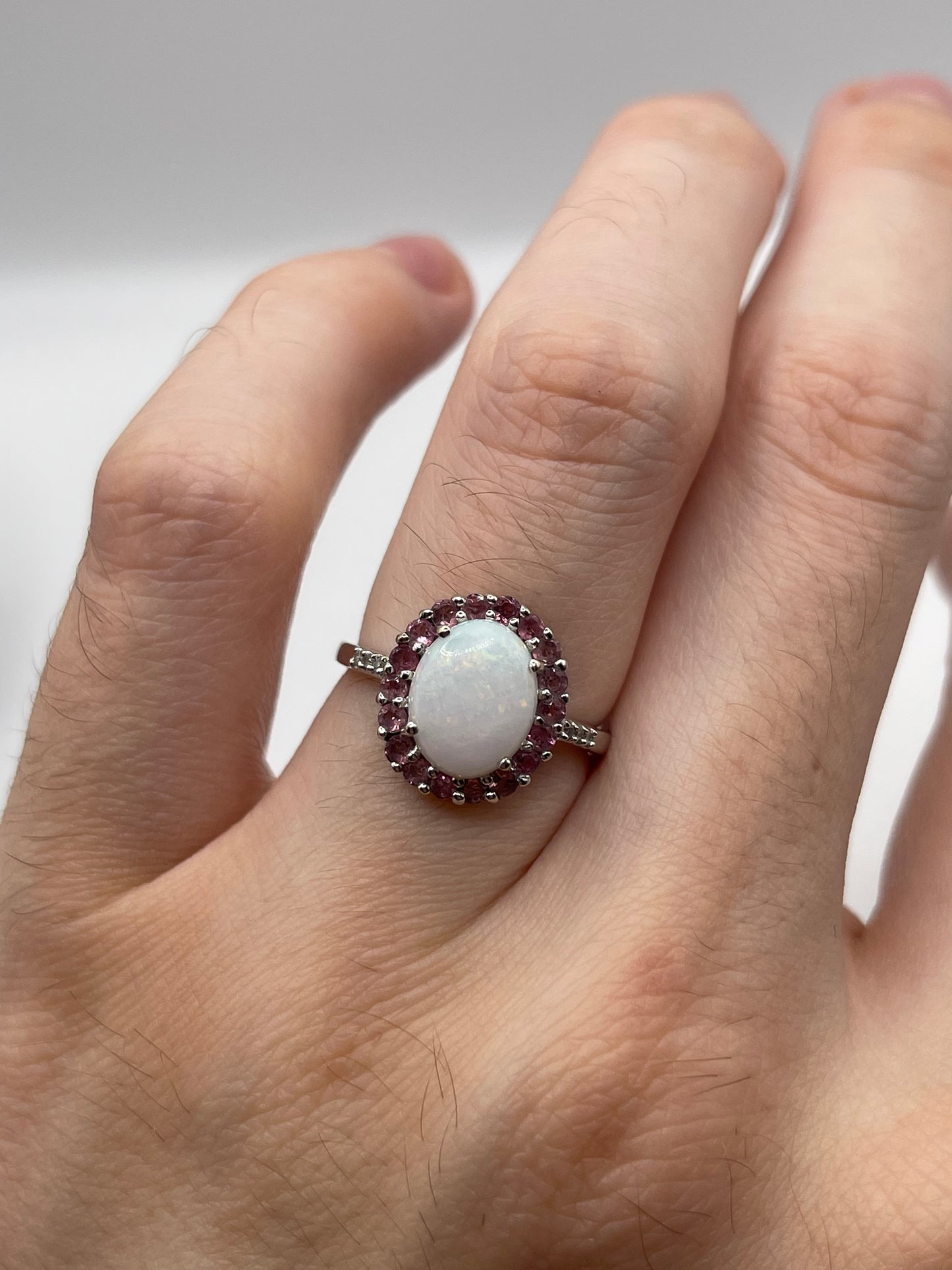9ct white gold opal, pink sapphire and diamond ring