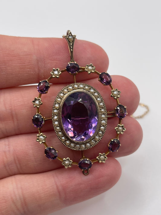 Antique 9ct gold amethyst and pearl necklace