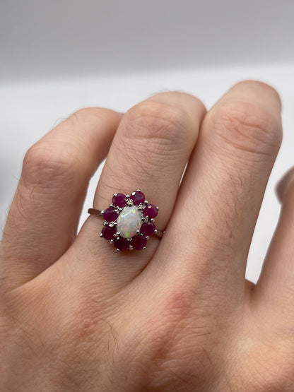 9ct white gold opal and ruby ring