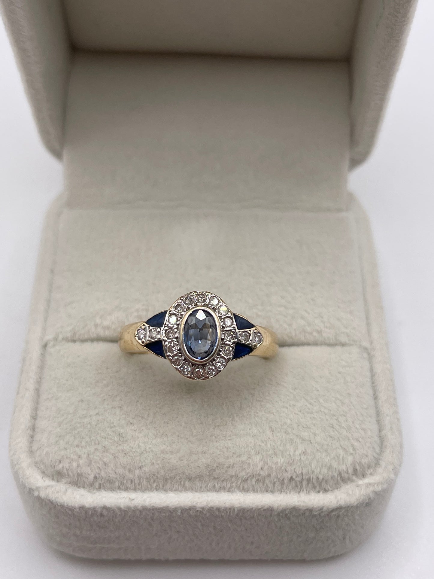 14ct gold enamel, sapphire and diamond ring