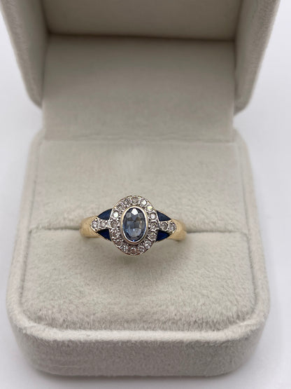 14ct gold enamel, sapphire and diamond ring