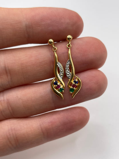 9ct gold ruby, sapphire, emerald and diamond earrings