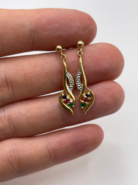 9ct gold ruby, sapphire, emerald and diamond earrings