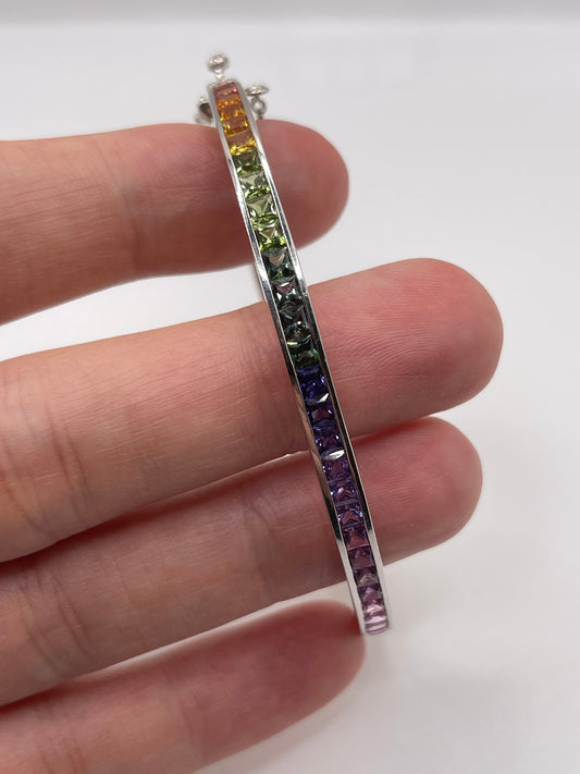 Heavy 9ct white gold multi coloured sapphire bangle