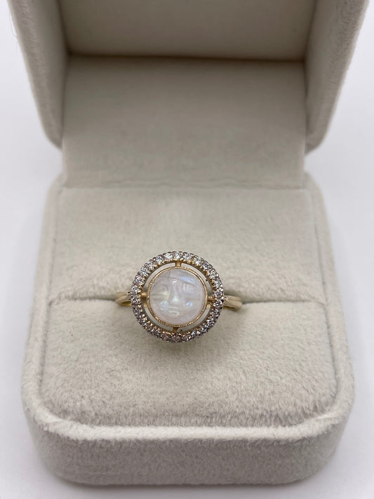 9ct gold moonstone man in the moon and diamond ring