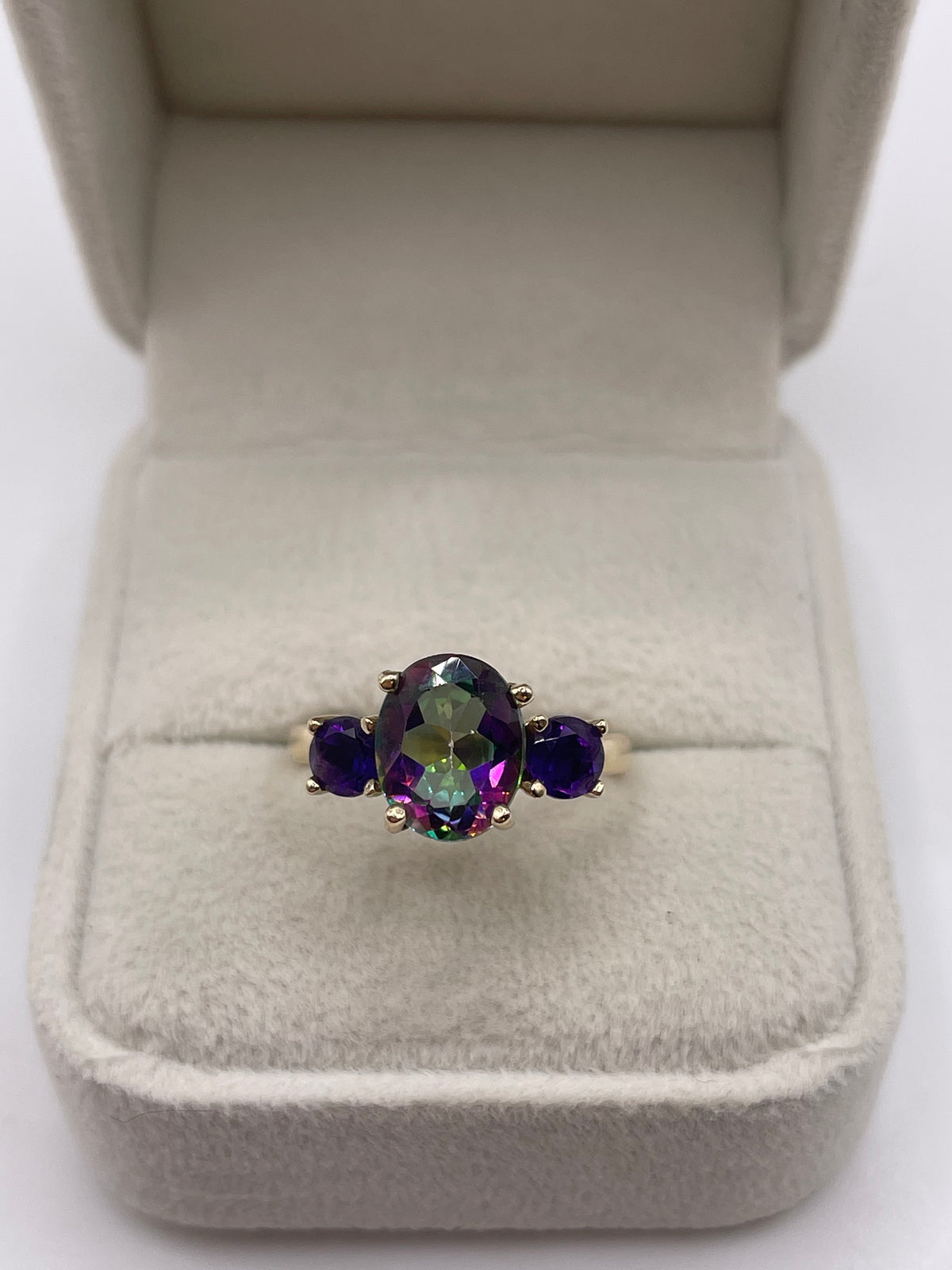 9ct gold mystic topaz and amethyst ring