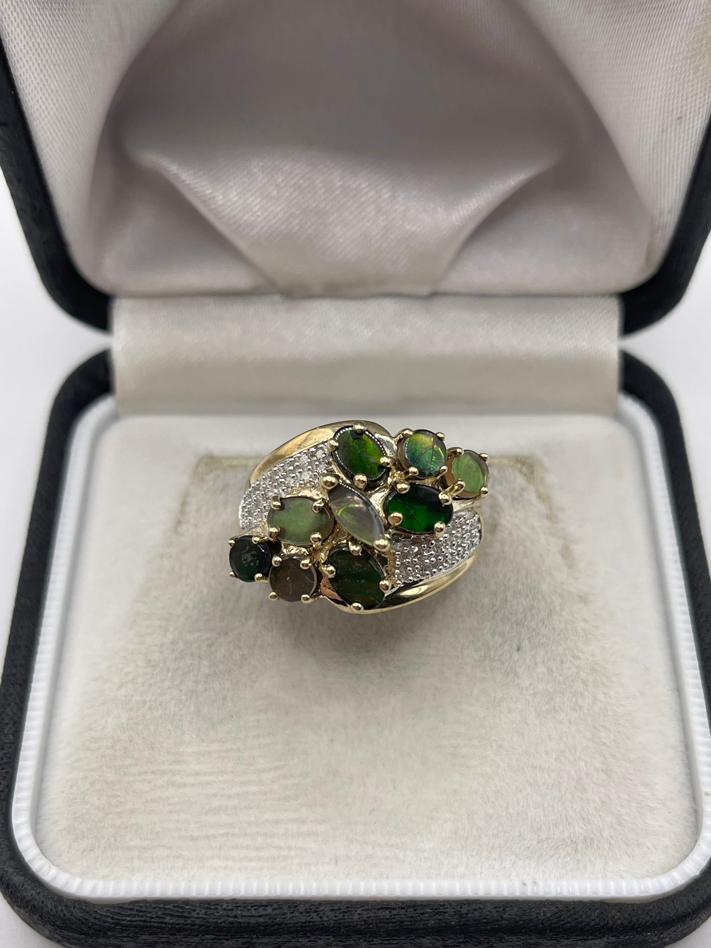 9ct gold ammolite and diamond ring