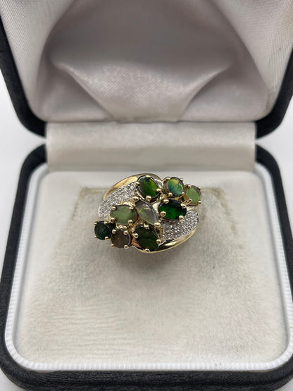 9ct gold ammolite and diamond ring