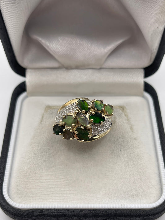 9ct gold ammolite and diamond ring