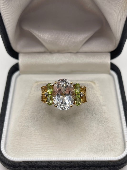 9ct gold topaz, peridot, citrine and diamond ring