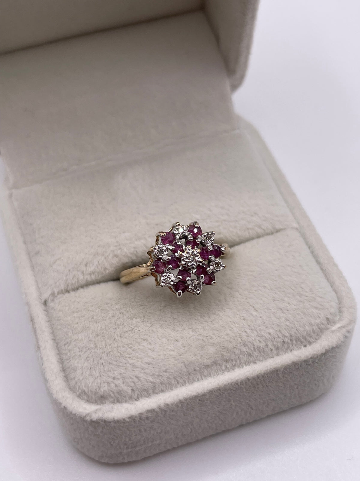 9ct gold ruby and diamond cluster ring