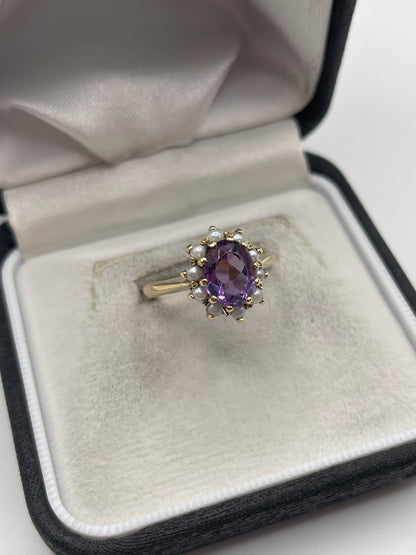 9ct gold amethyst and pearl ring