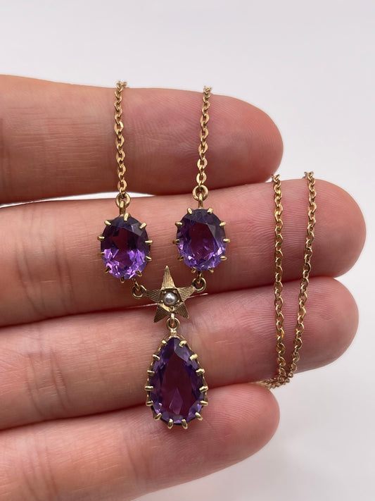 Antique 9ct gold amethyst and pearl necklace