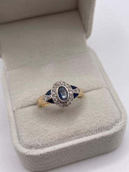 14ct gold enamel, sapphire and diamond ring