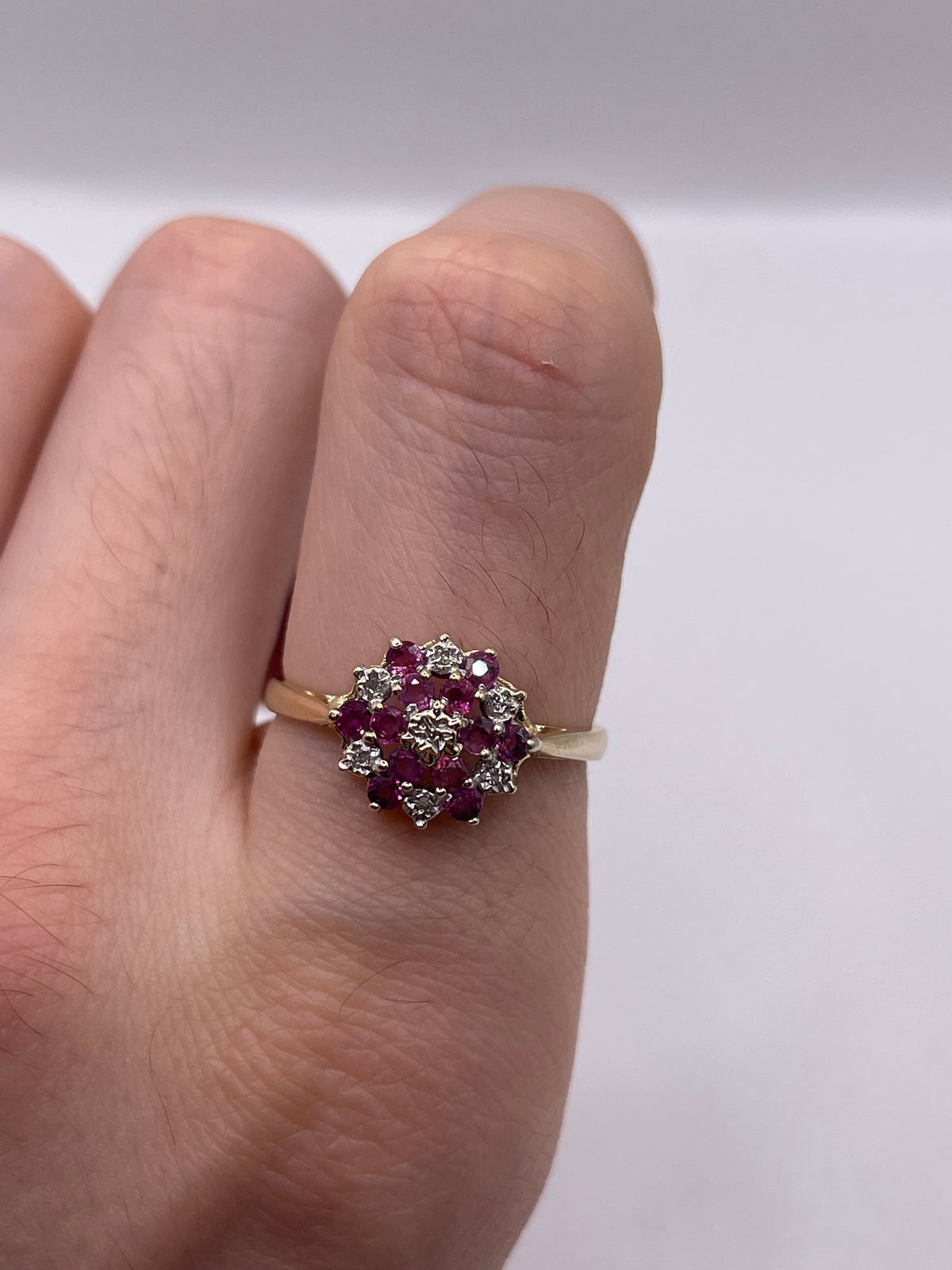 9ct gold ruby and diamond cluster ring