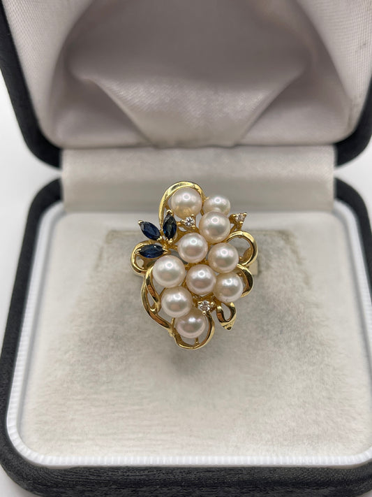 14ct gold pearl, sapphire and diamond ring