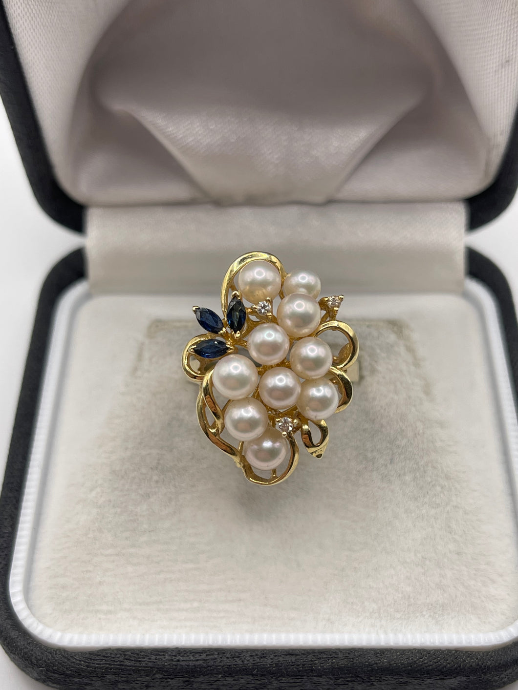 14ct gold pearl, sapphire and diamond ring