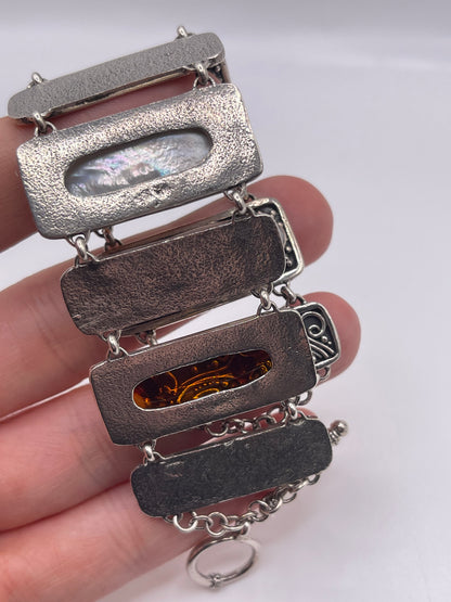 Silver amber and mother of pearl bracelet