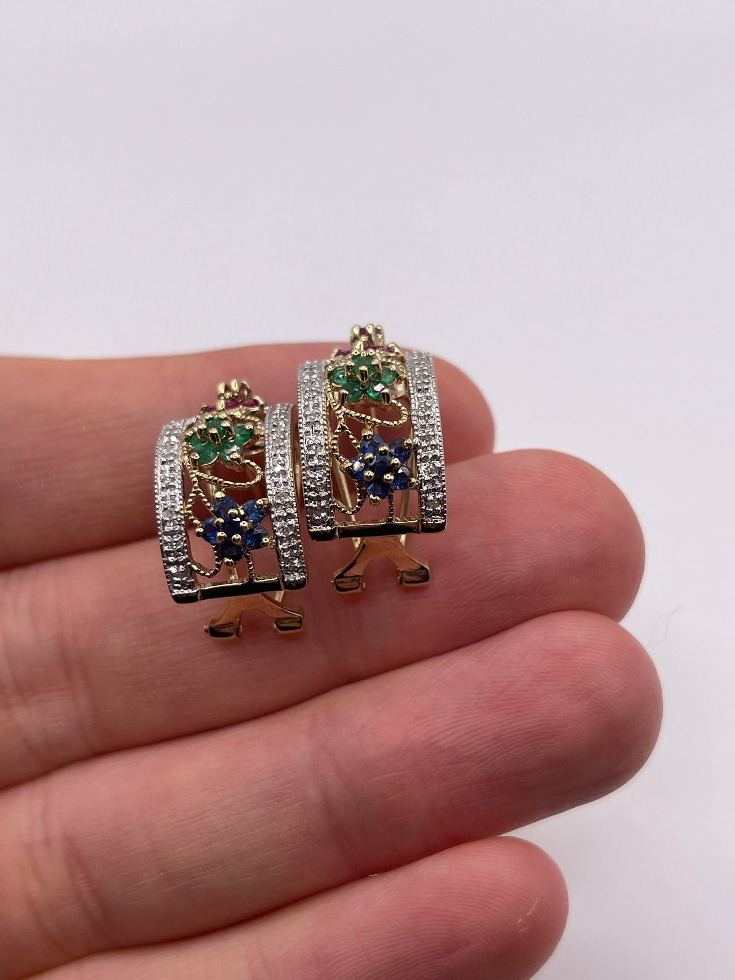 9ct gold ruby, sapphire, emerald and diamond earrings