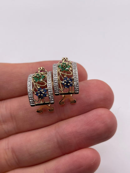 9ct gold ruby, sapphire, emerald and diamond earrings