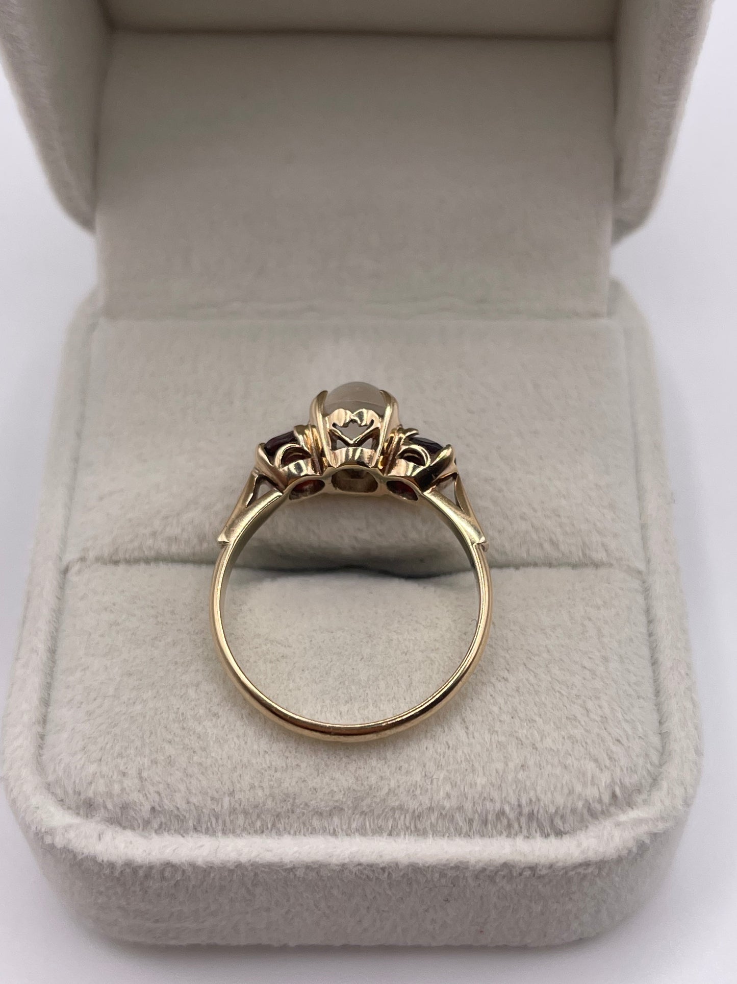 9ct rose gold moonstone and garnet ring
