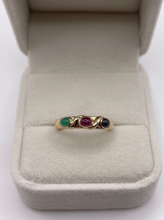 9ct gold cabochon sapphire, ruby and emerald ring