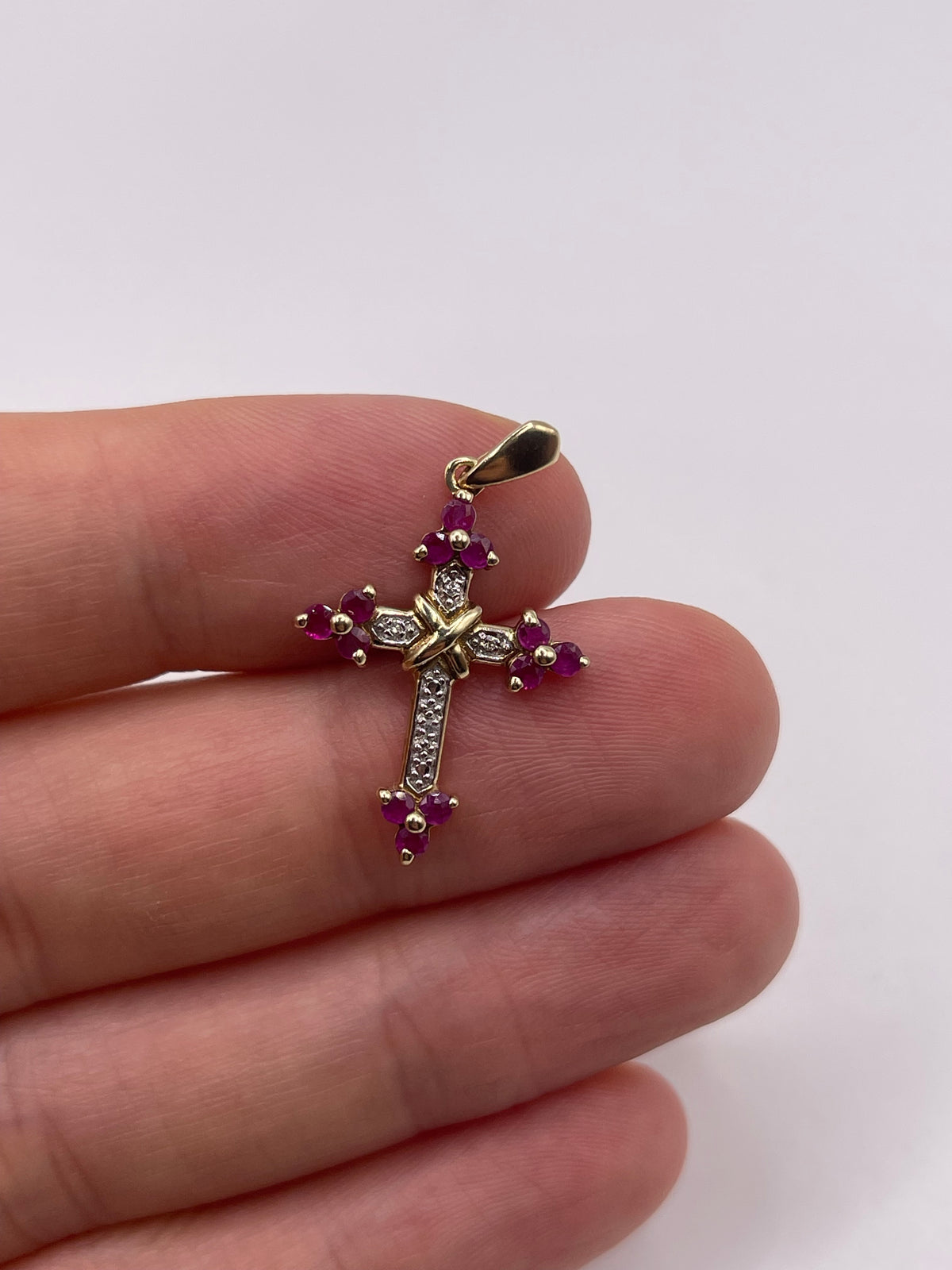9ct gold ruby and diamond cross pendant