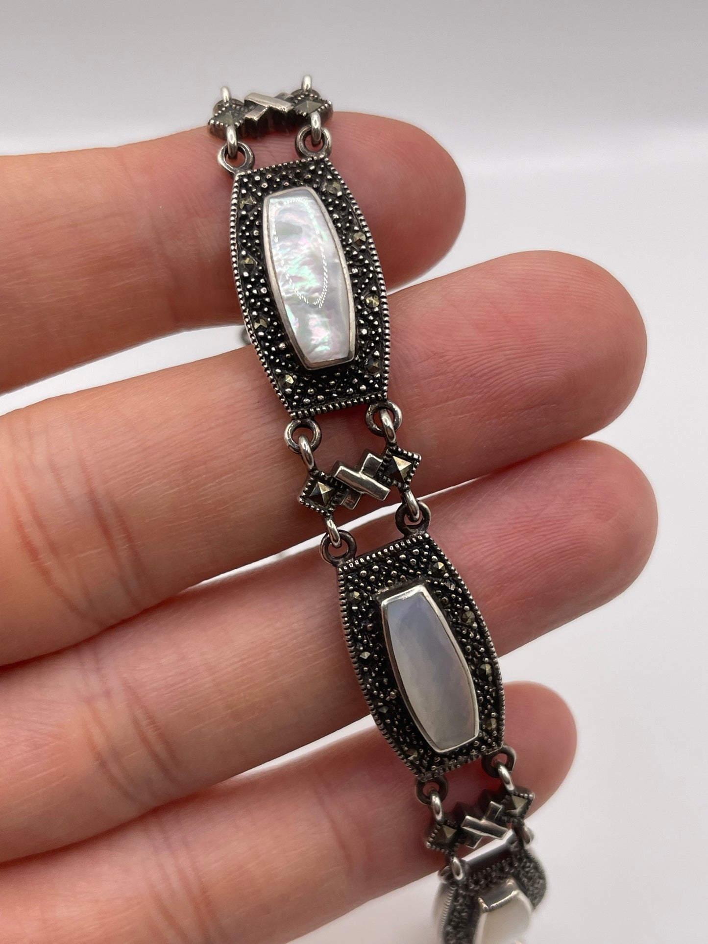 Silver mother of pearl and marcasite bracelet