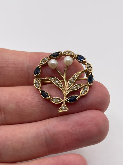 9ct gold sapphire and pearl brooch