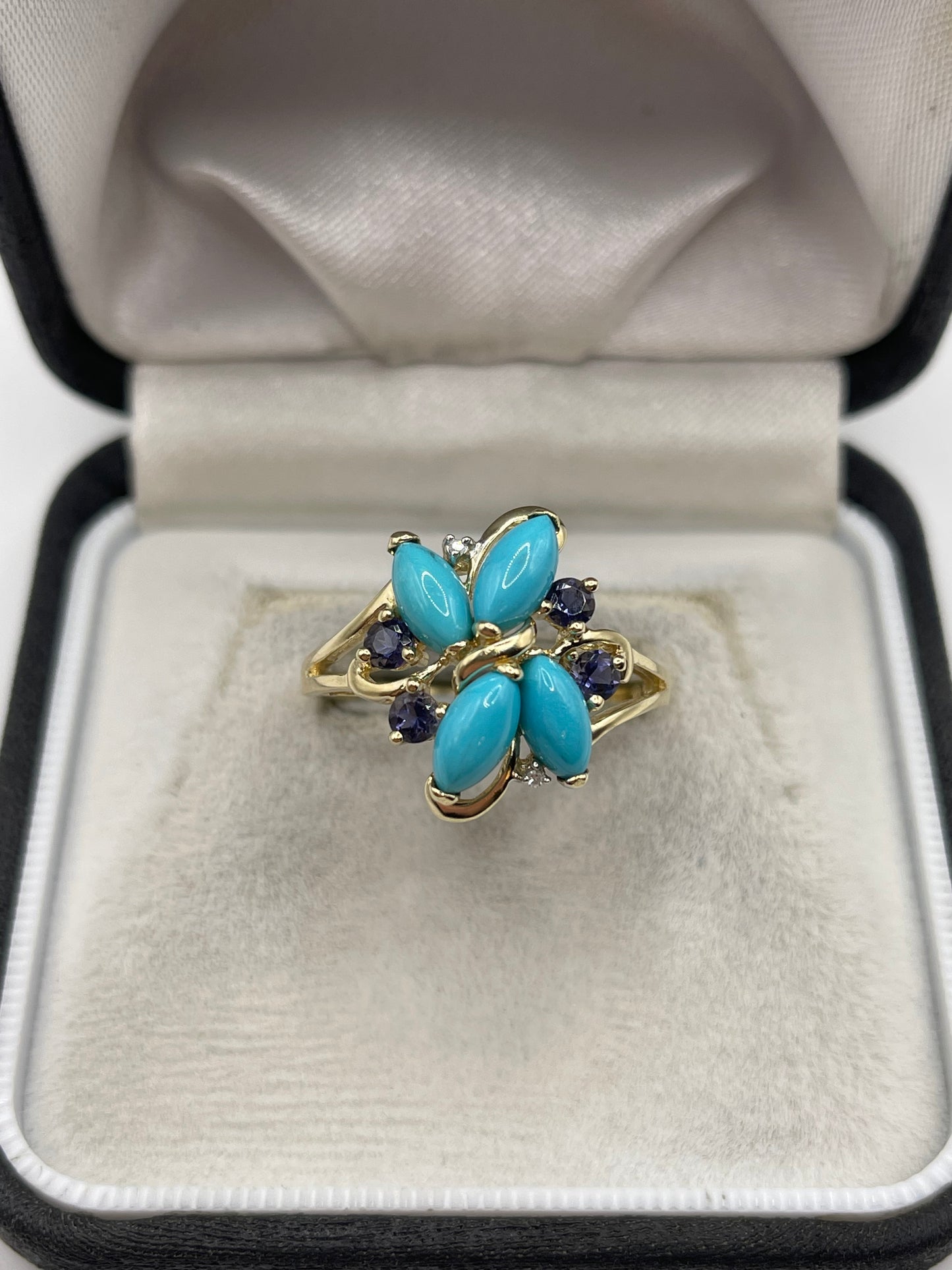 9ct gold turquoise, iolite and diamond ring