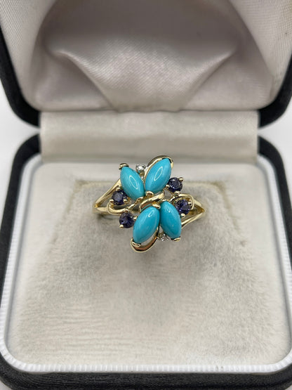 9ct gold turquoise, iolite and diamond ring