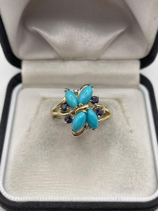 9ct gold turquoise, iolite and diamond ring