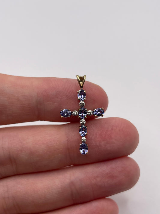9ct gold tanzanite and diamond cross pendant
