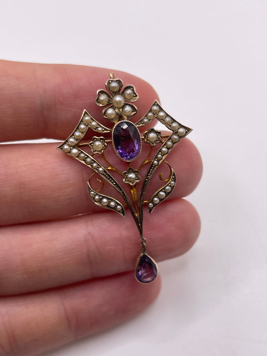 Antique 9ct gold amethyst and pearl pendant