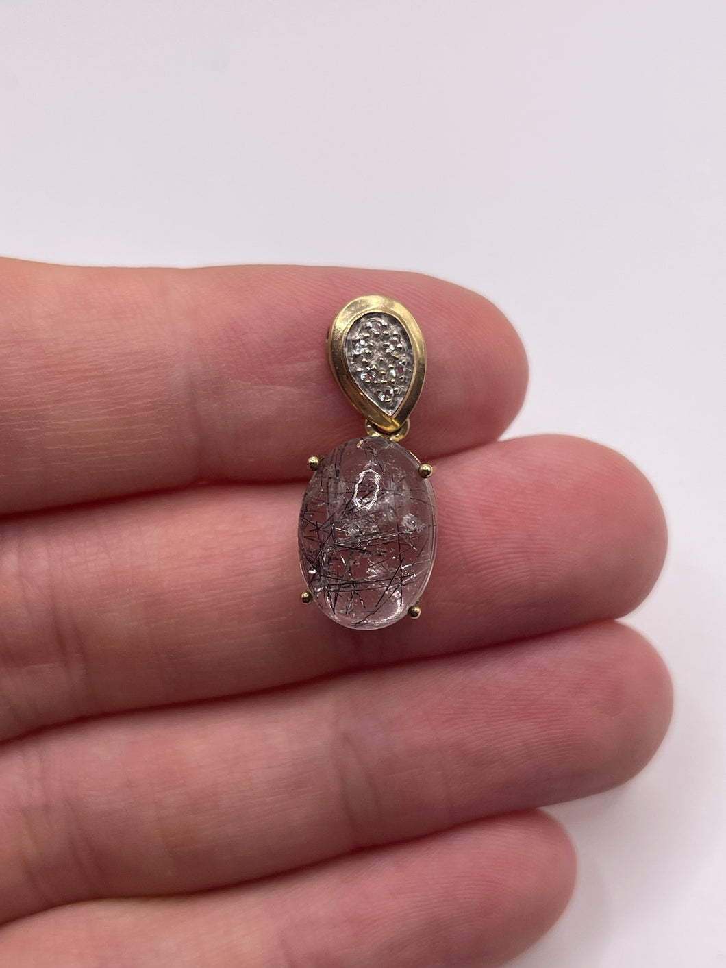 9ct gold rutile quartz and diamond pendant