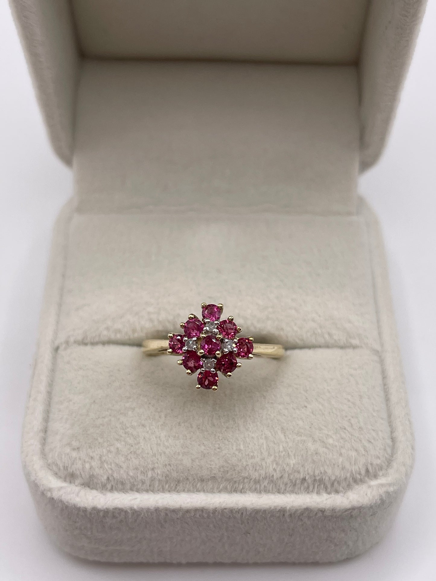 9ct gold ruby and diamond cluster ring