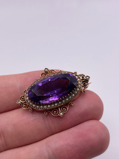 Antique 9ct gold amethyst and pearl brooch
