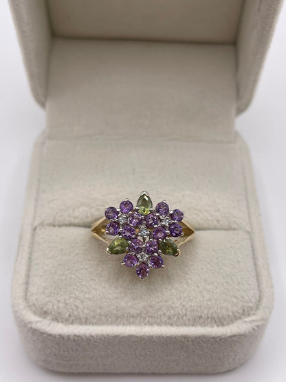 9ct gold amethyst, peridot and diamond ring
