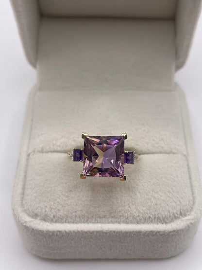 9ct gold ametrine, amethyst and diamond ring