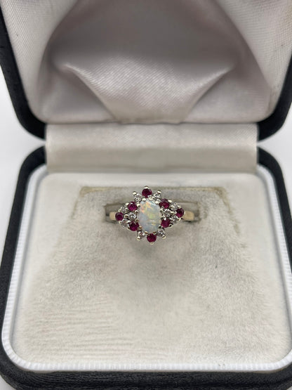 9ct gold opal, ruby and diamond ring