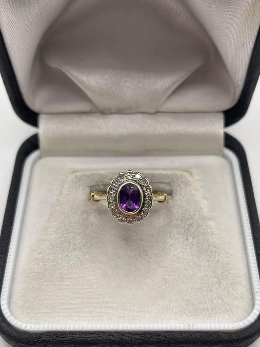 9ct gold amethyst and diamond ring