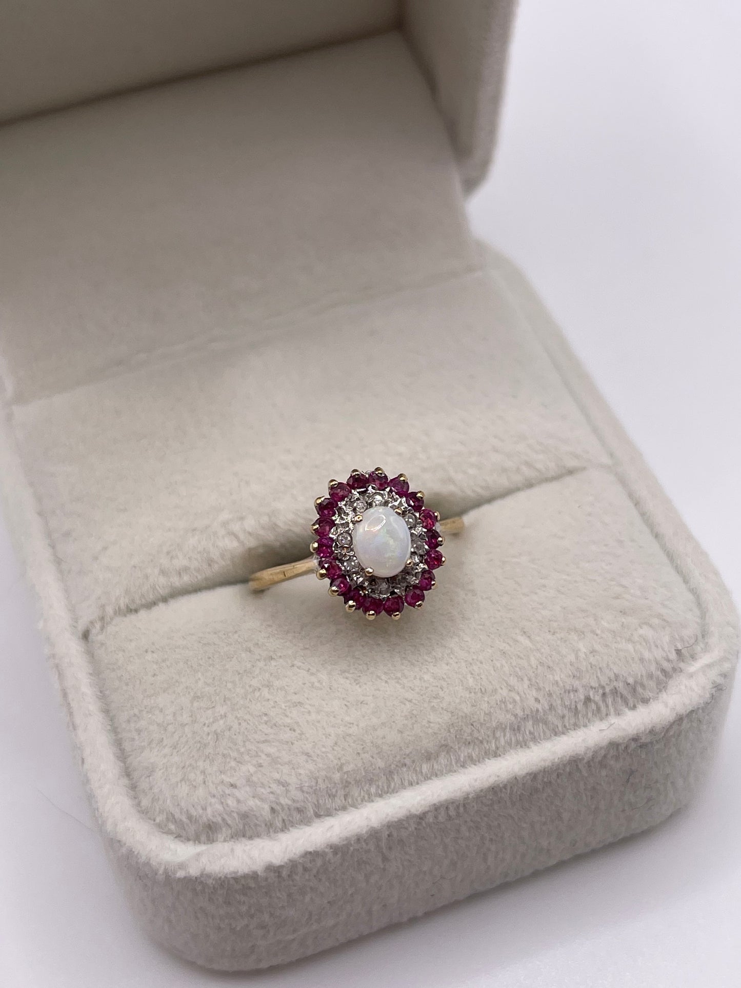 9ct gold opal, ruby and diamond ring