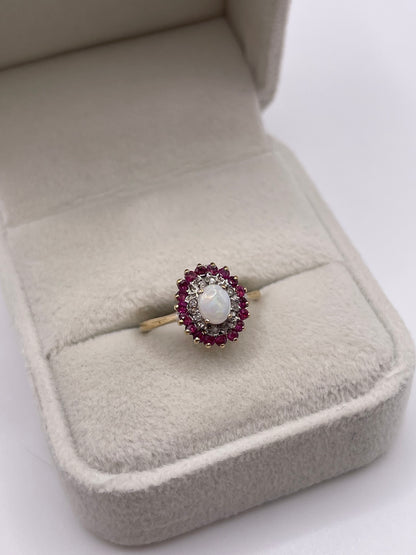 9ct gold opal, ruby and diamond ring