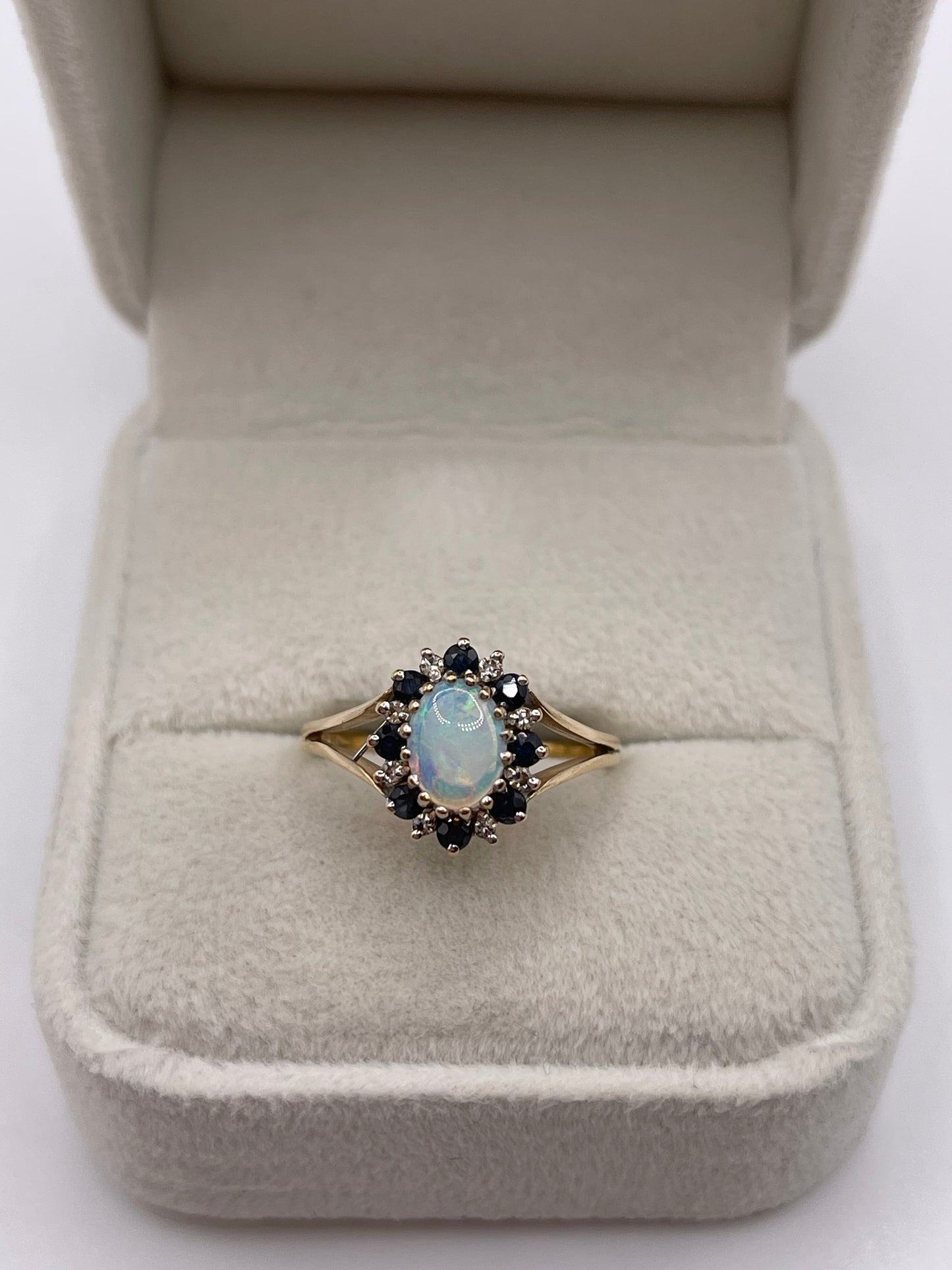 9ct gold opal, sapphire and diamond ring