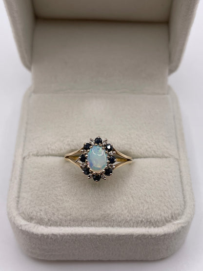 9ct gold opal, sapphire and diamond ring