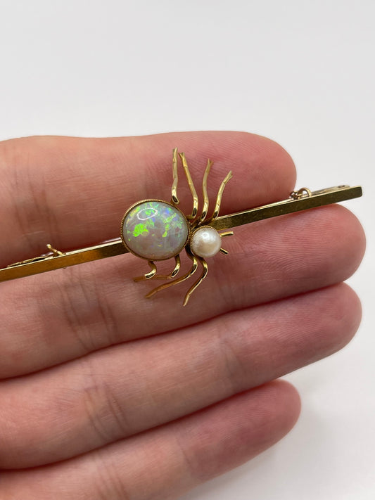 Antique 15ct gold opal and pearl spider brooch