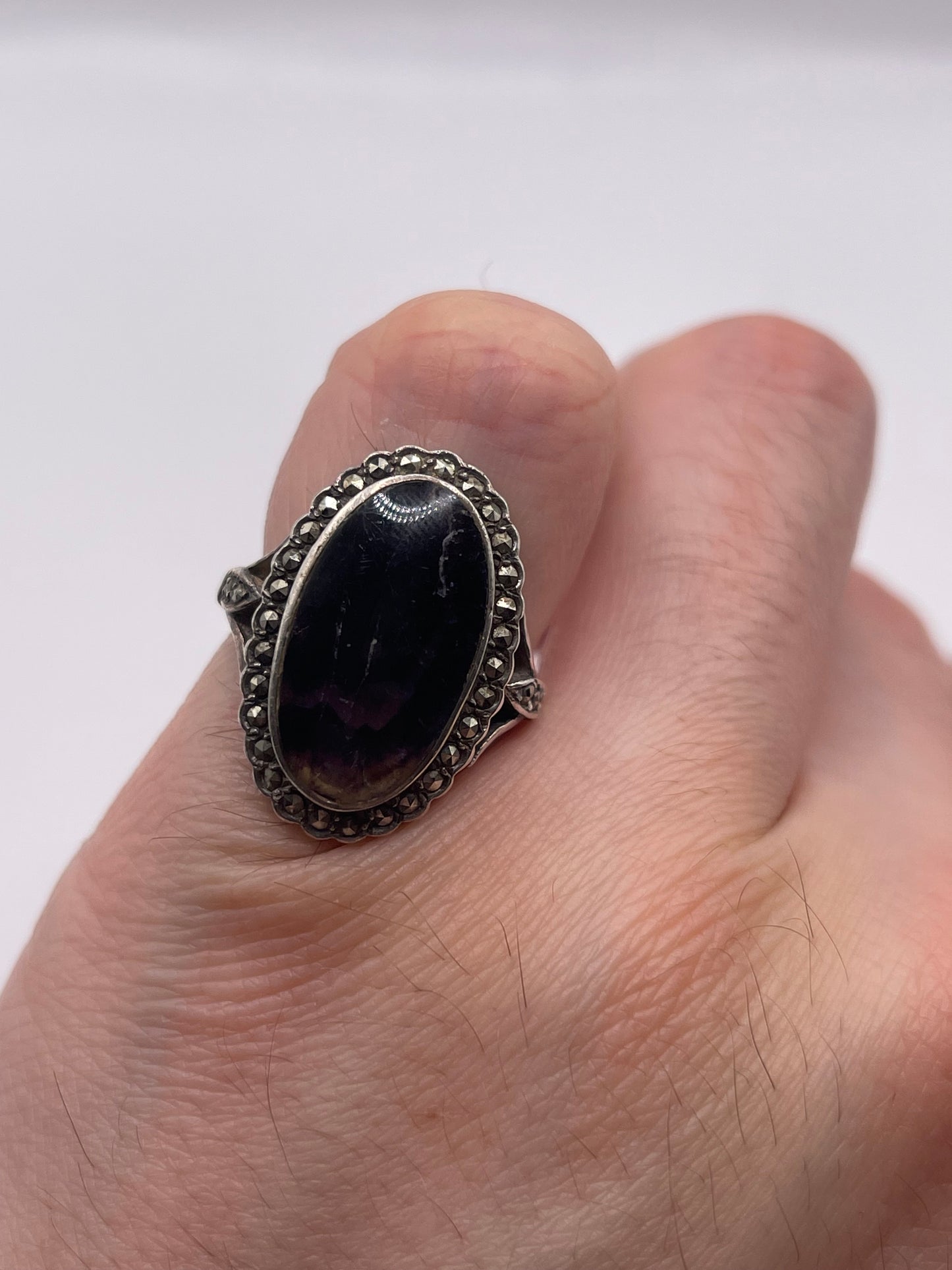 Silver blue John and marcasite ring