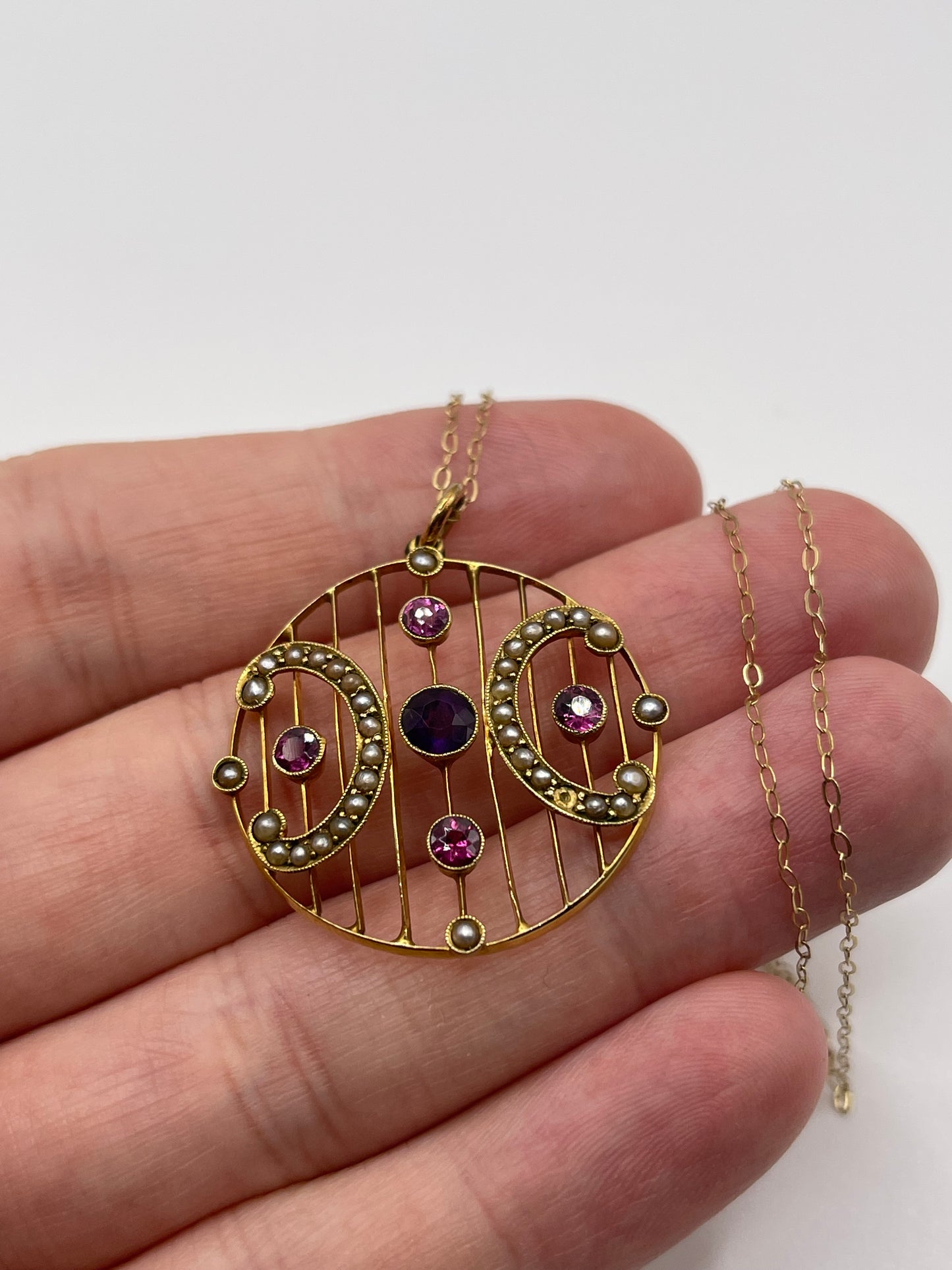 Antique 9ct gold amethyst and pearl necklace