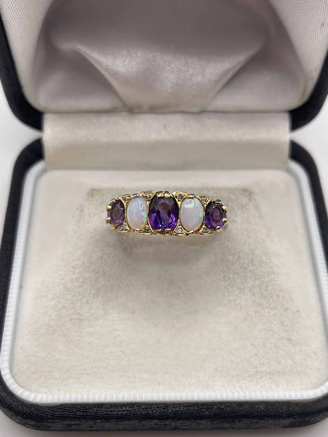 9ct gold amethyst, opal and diamond ring